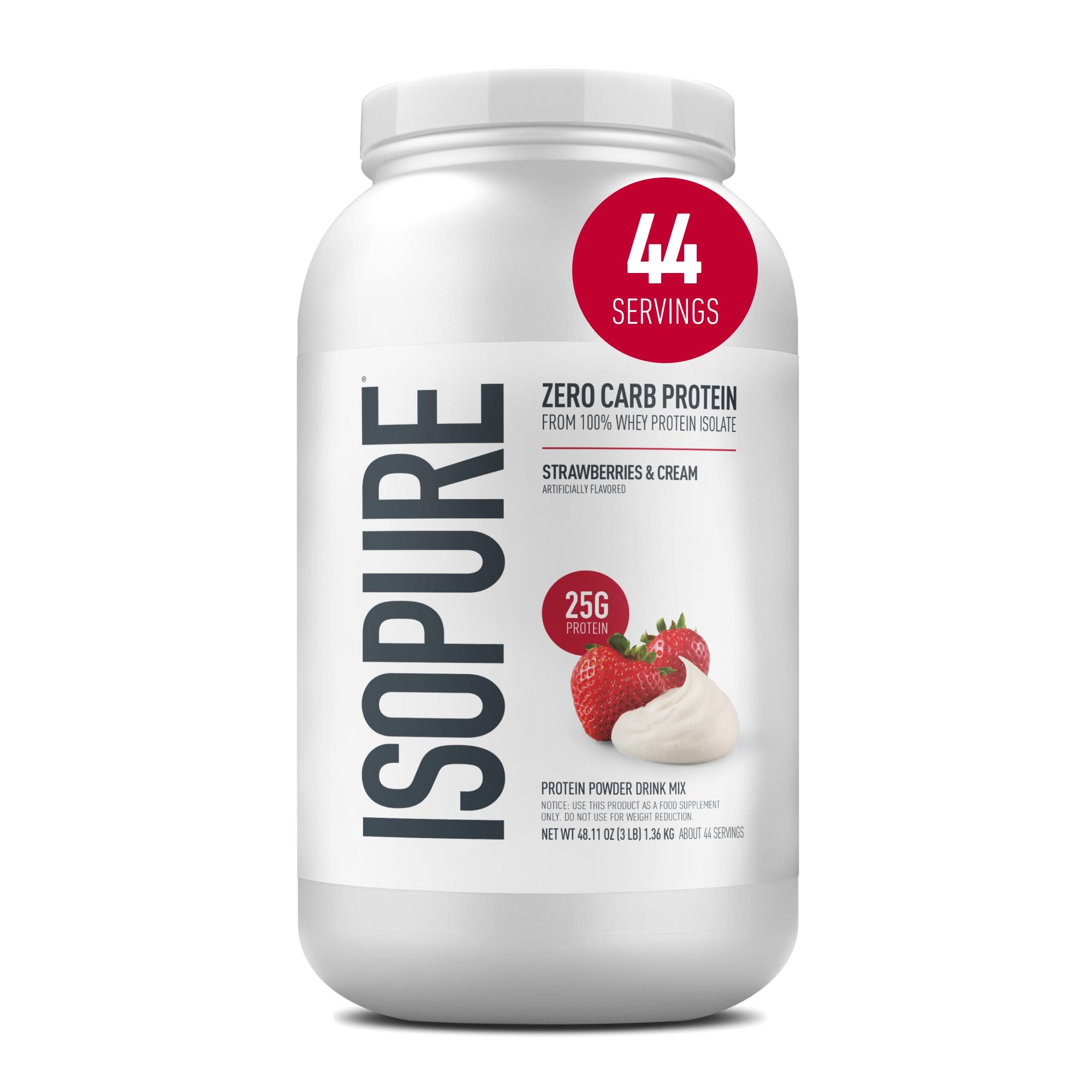 Isopure Zero Carb 100% Pure Whey Isolate Protein Powder, Gluten Free, With Vitamins, Strawberries & Cream, 25g Protein Per Serving, 3 Lbs, 44 Servings (MADE IN USA) IMPORTED