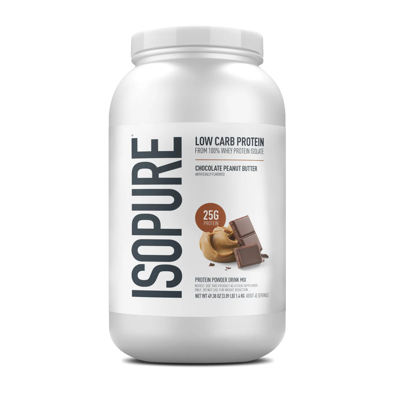 Isopure Low Carb 100% Pure Whey Isolate Protein Powder, Gluten Free, With Vitamins, Chocolate Peanut Butter, 25G Protein Per Serving, 3 Lbs, 40 Servings IMPORTED MADE IN USA